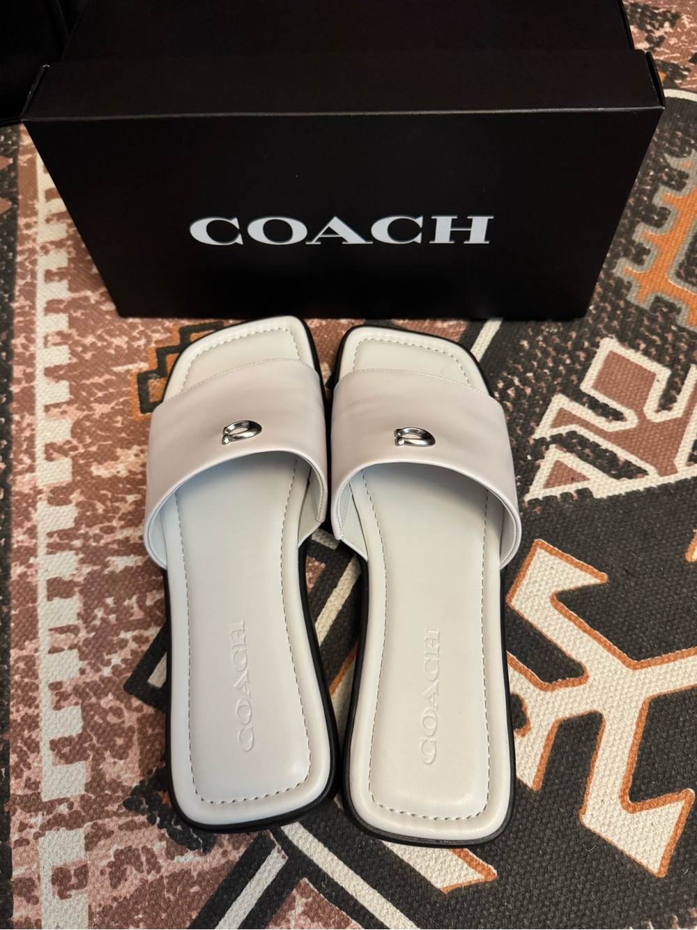 New in Box Coach White Leather Slide Sandals with Silver Accent